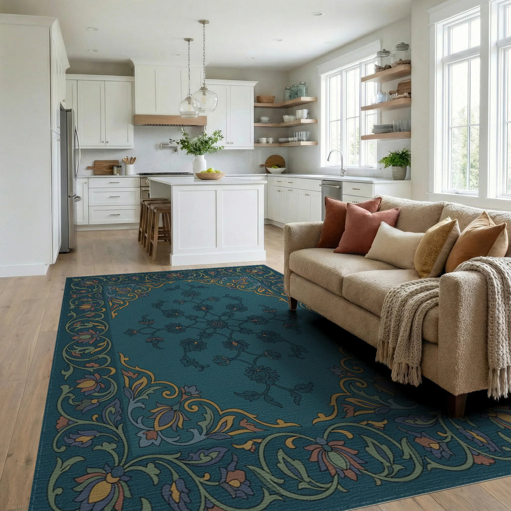 Emerald Floral Medallion Border Rug Living Room View