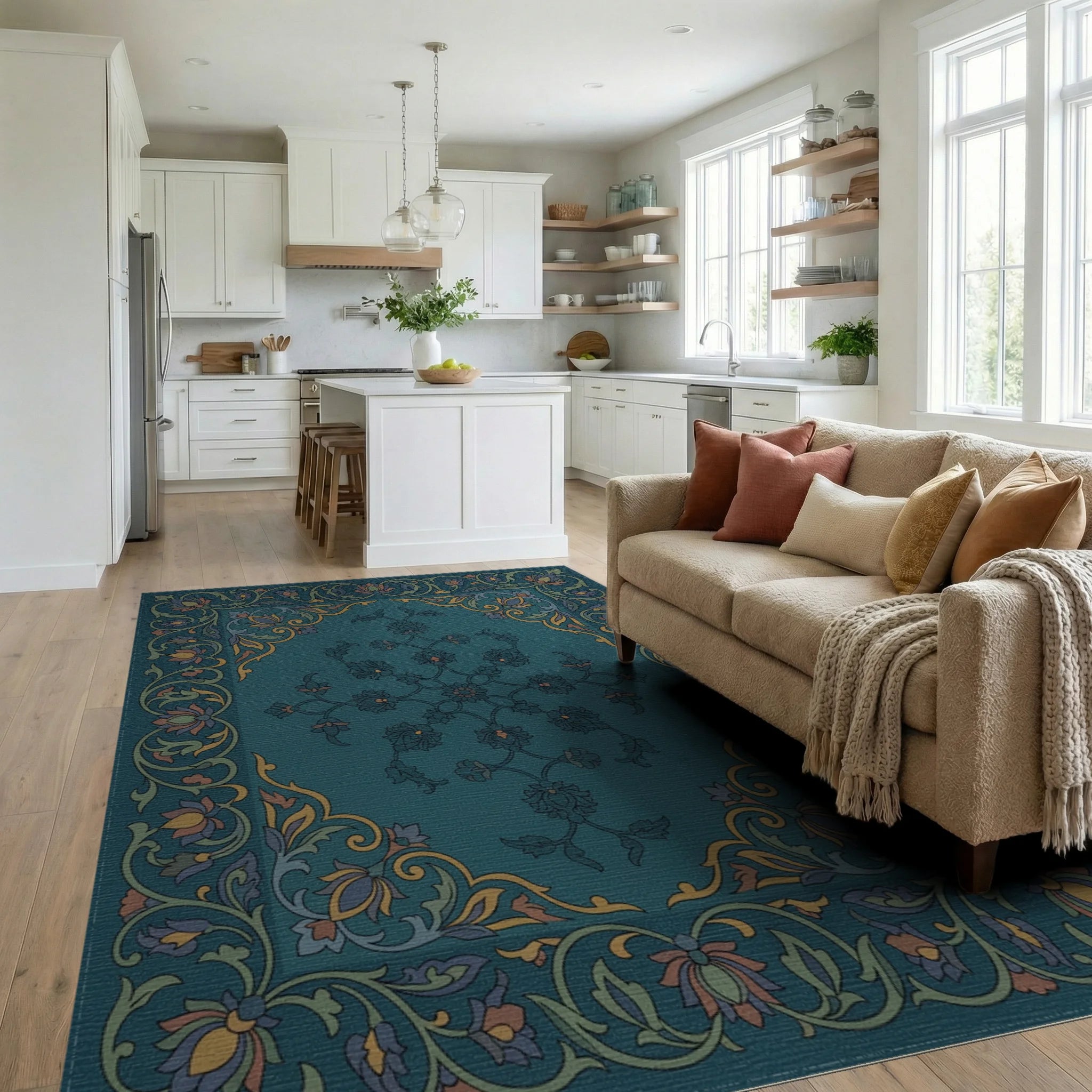 Emerald Floral Medallion Border Rug Living Room View