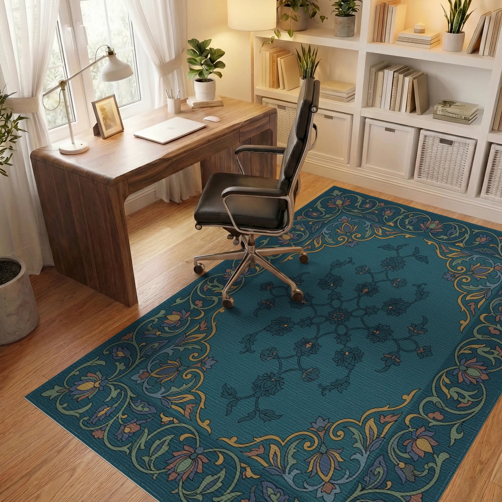 Emerald Floral Medallion Border Rug Office View