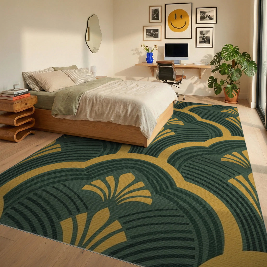 Emerald Gold Fan Scallop Rug Bedroom View