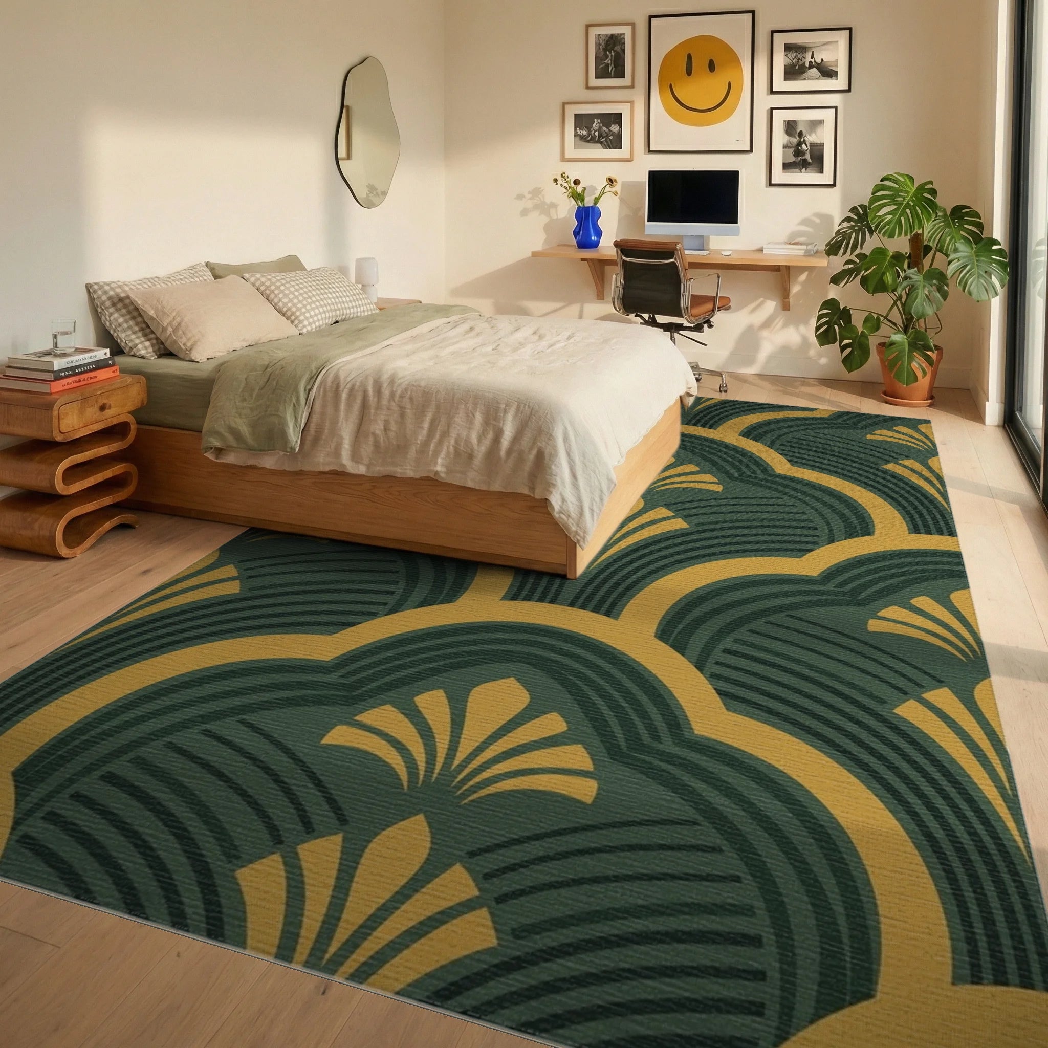 Emerald Gold Fan Scallop Rug Bedroom View