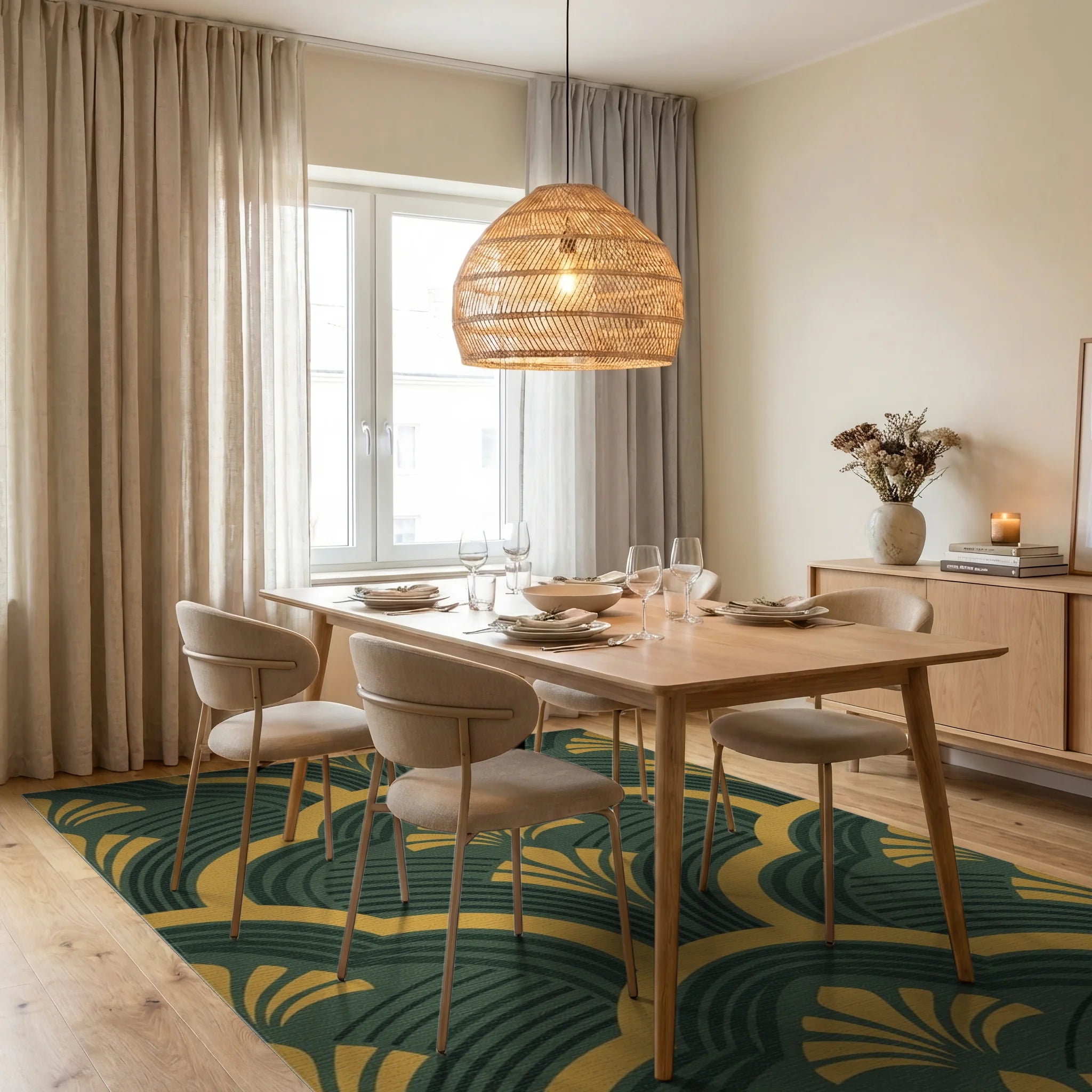 Emerald Gold Fan Scallop Rug Dining Room View
