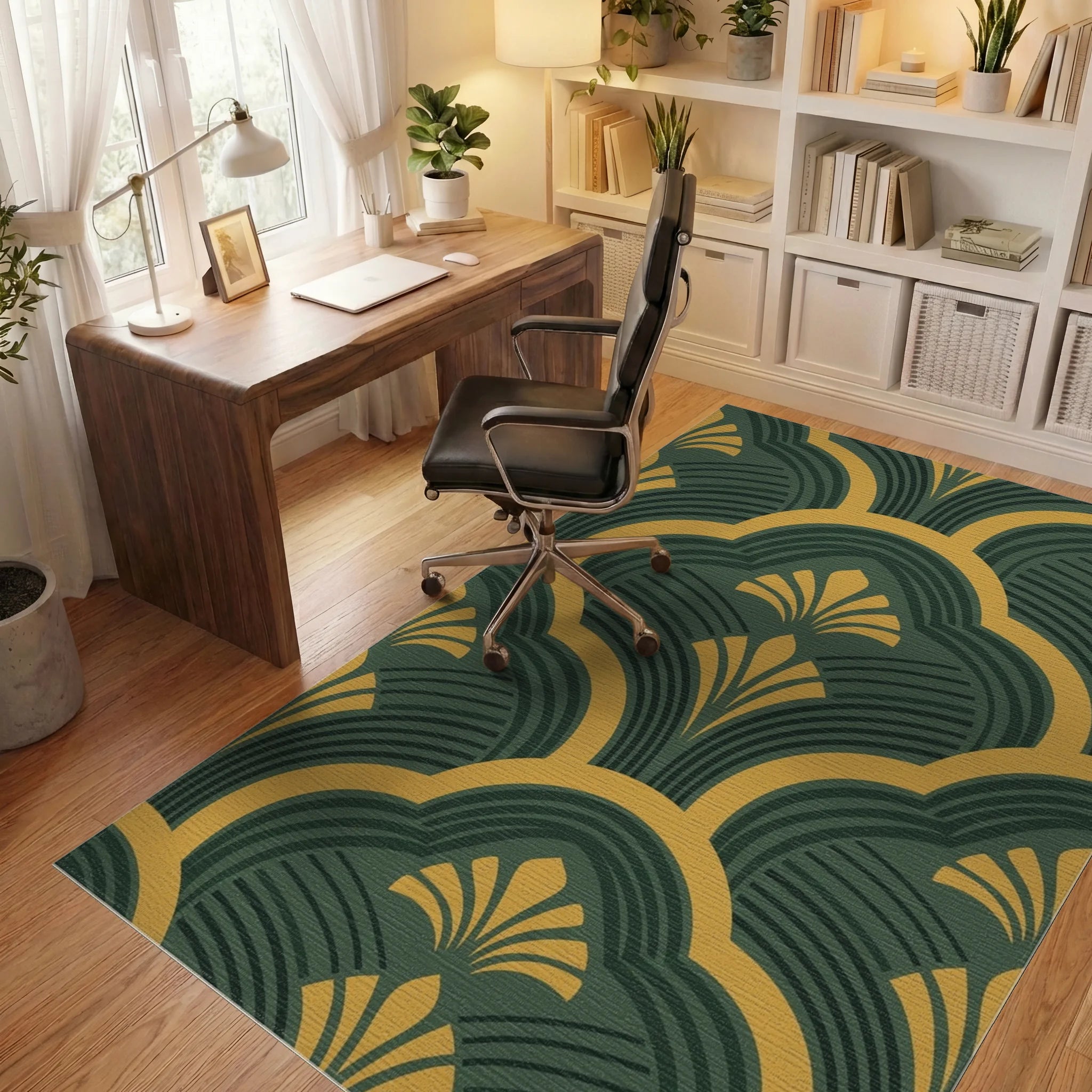 Emerald Gold Fan Scallop Rug Office View