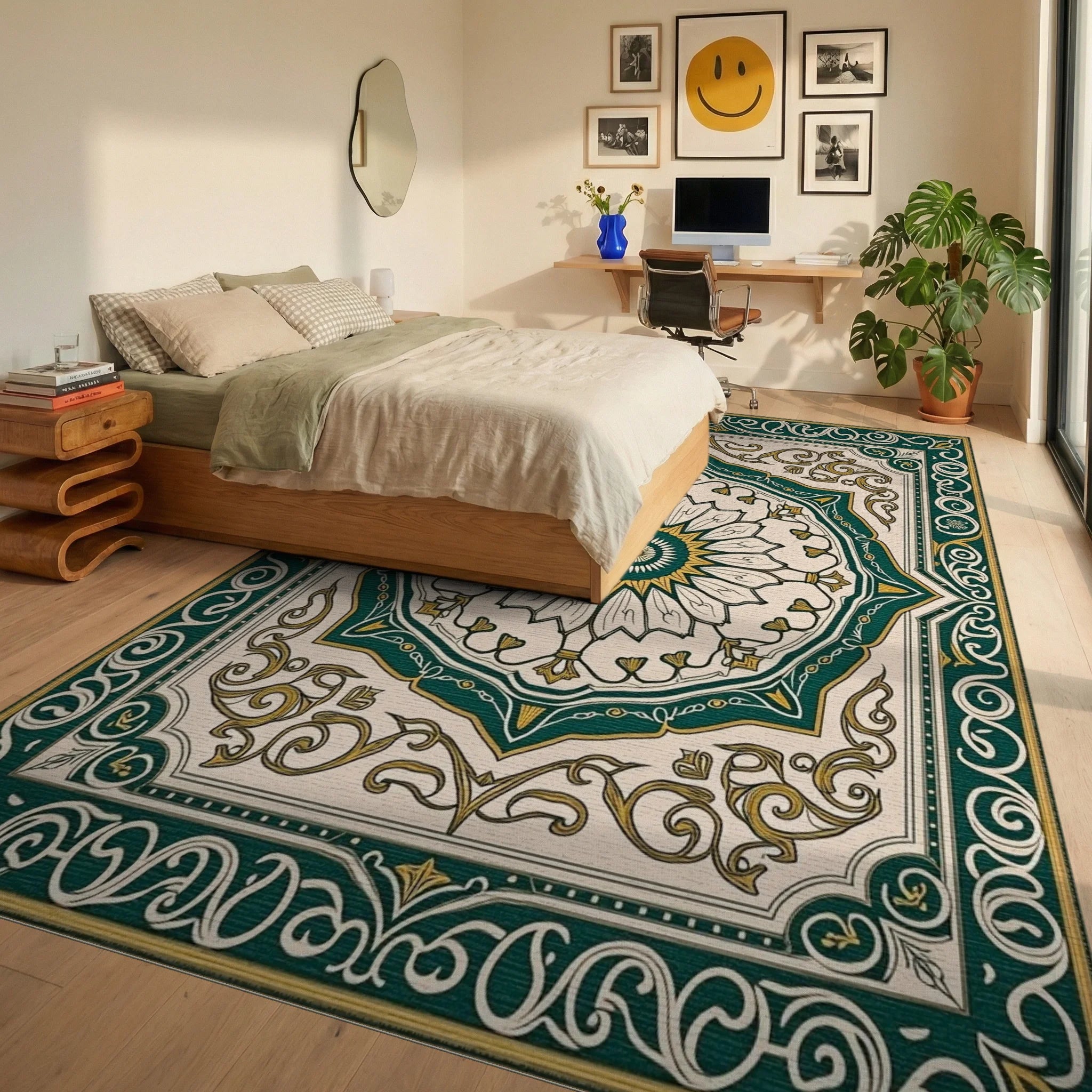 Emerald Gold Floral Medallion Design Rug - Bedroom View