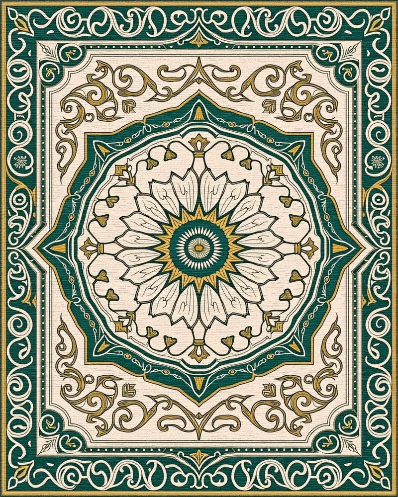 Emerald Gold Floral Medallion Design Rug - Cutout View