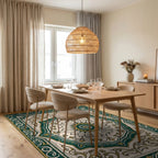 Emerald Gold Floral Medallion Design Rug - Dining Room View