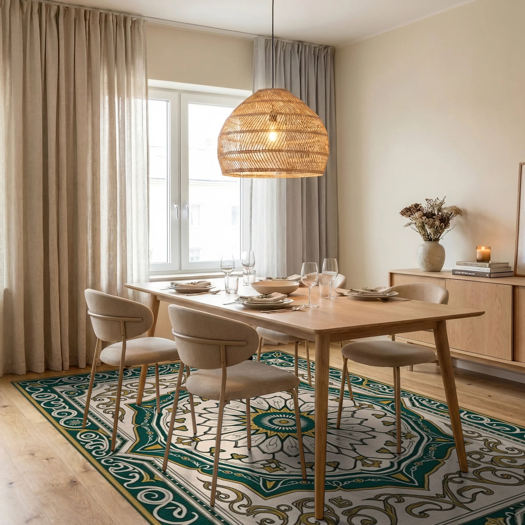 Emerald Gold Floral Medallion Design Rug - Dining Room View