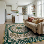 Emerald Gold Floral Medallion Design Rug - Living Room View