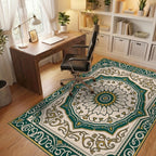 Emerald Gold Floral Medallion Design Rug - Office View