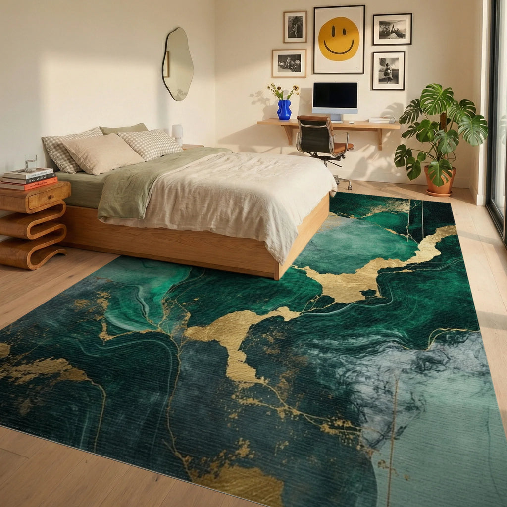 Emerald Gold Veined Marble Rug - Bedroom View