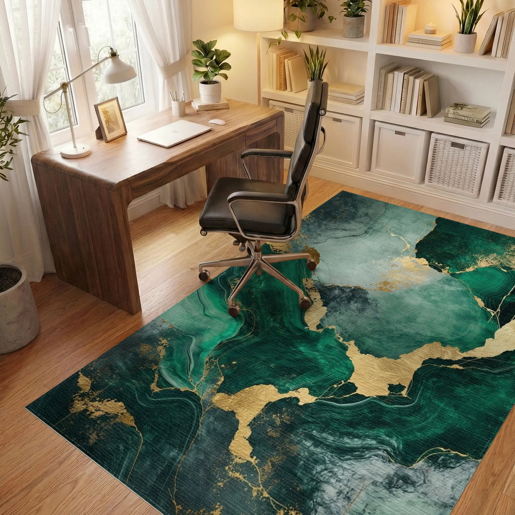 Emerald Gold Veined Marble Rug - Office View