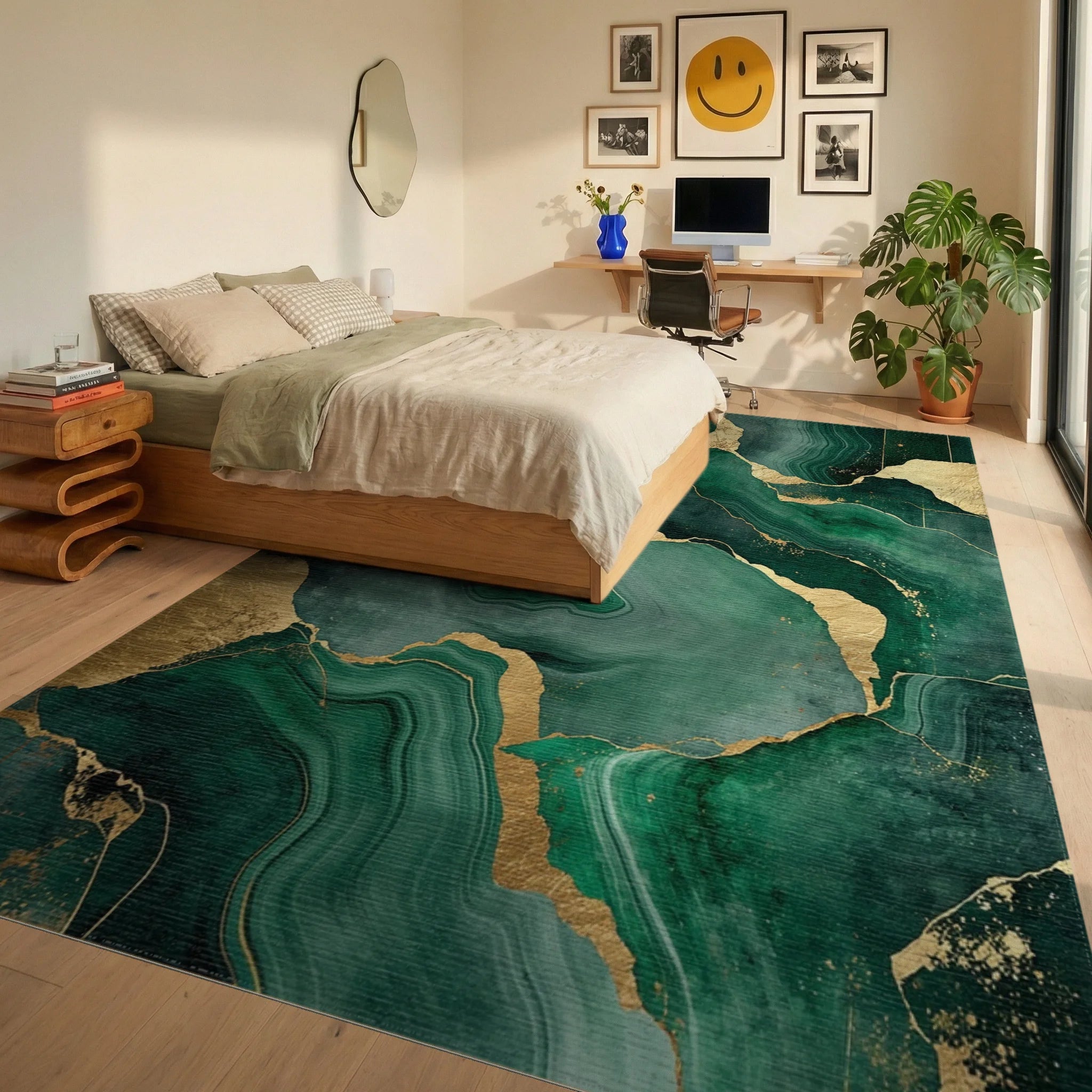 Emerald Gold Veined Marble Rug - Bedroom View
