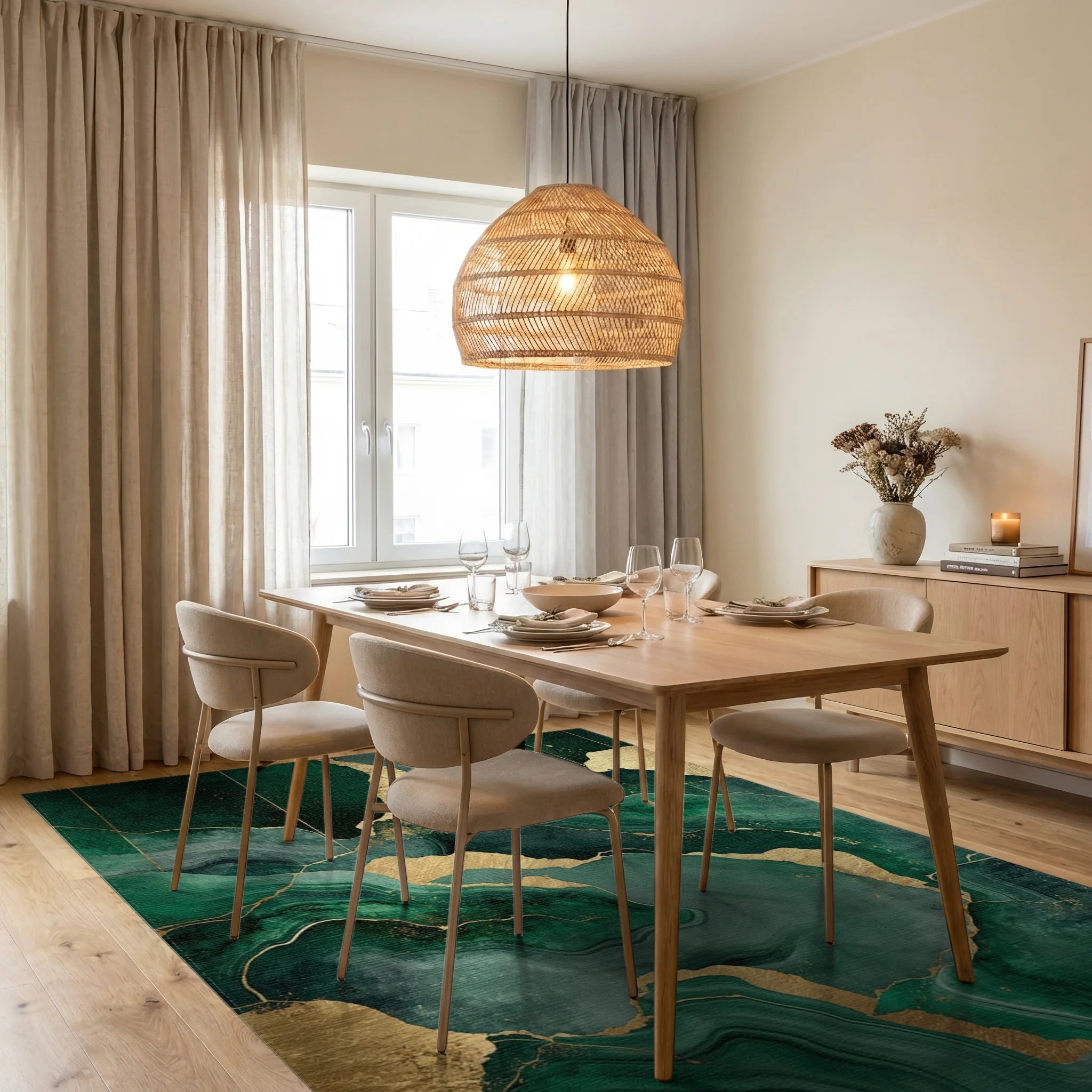 Emerald Gold Veined Marble Rug - Dining Room View