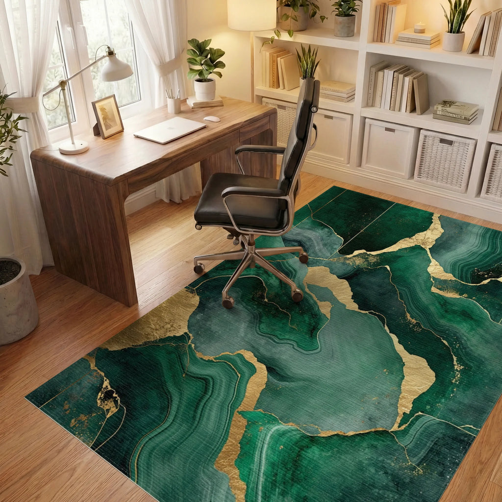 Emerald Gold Veined Marble Rug - Office View