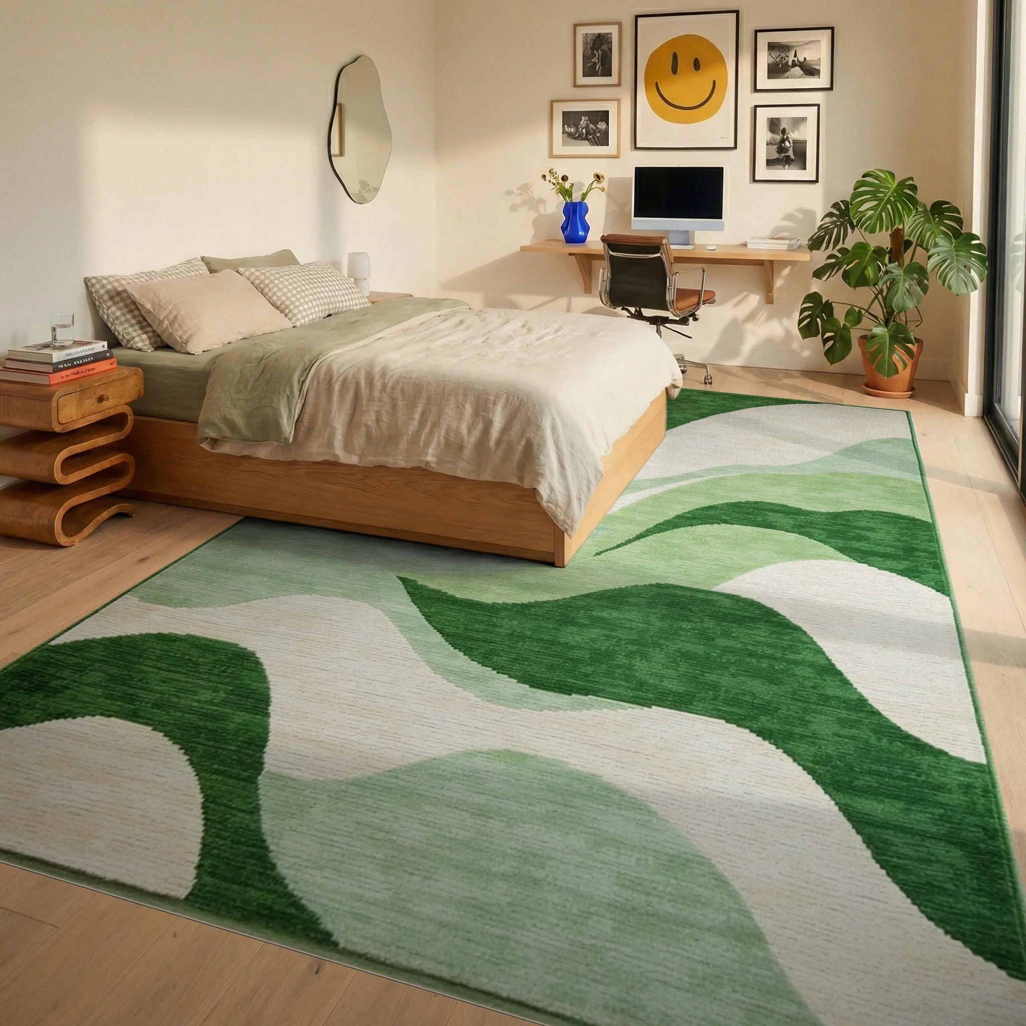 Emerald Green Abstract Wave Rug - Bedroom View