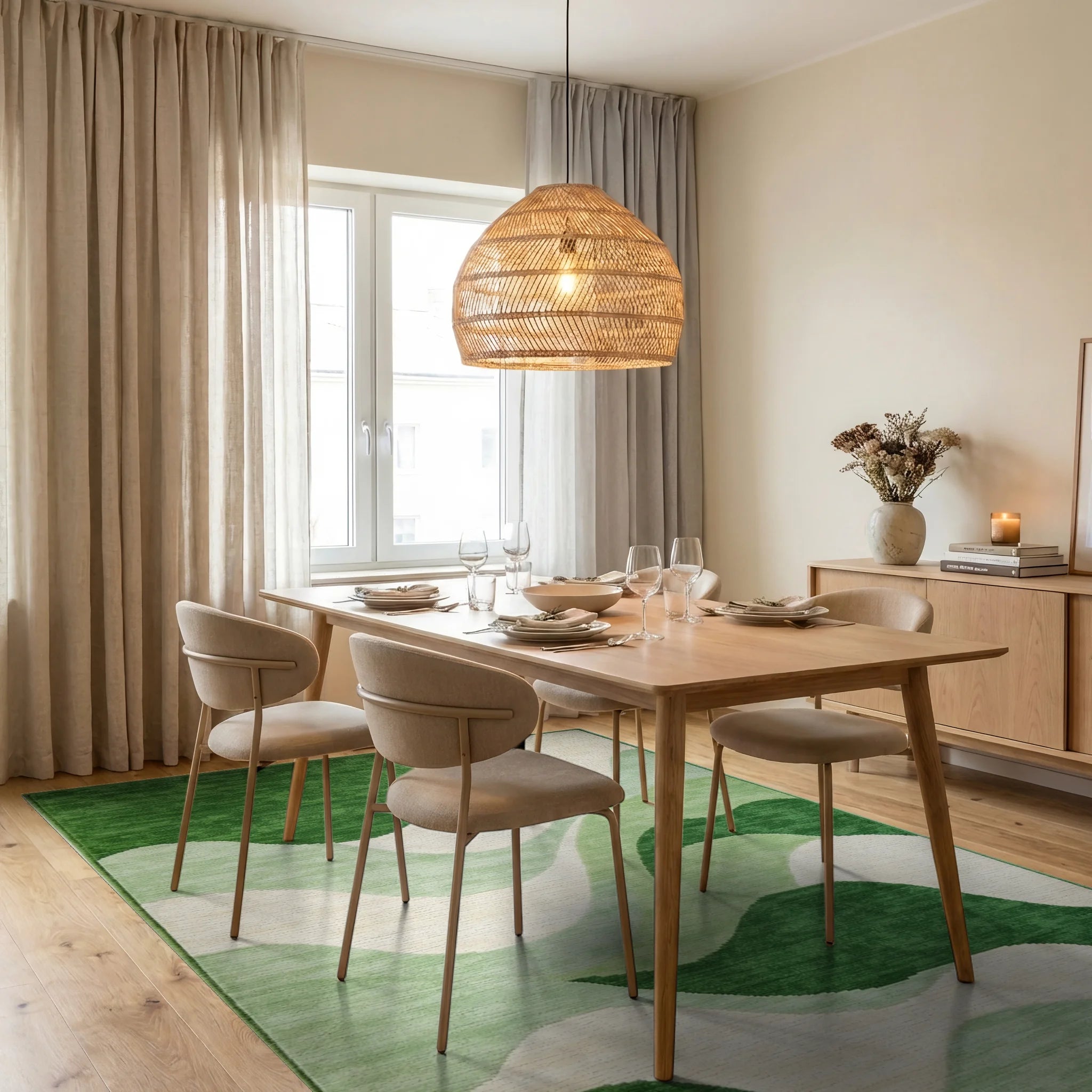 Emerald Green Abstract Wave Rug - Dining Room View