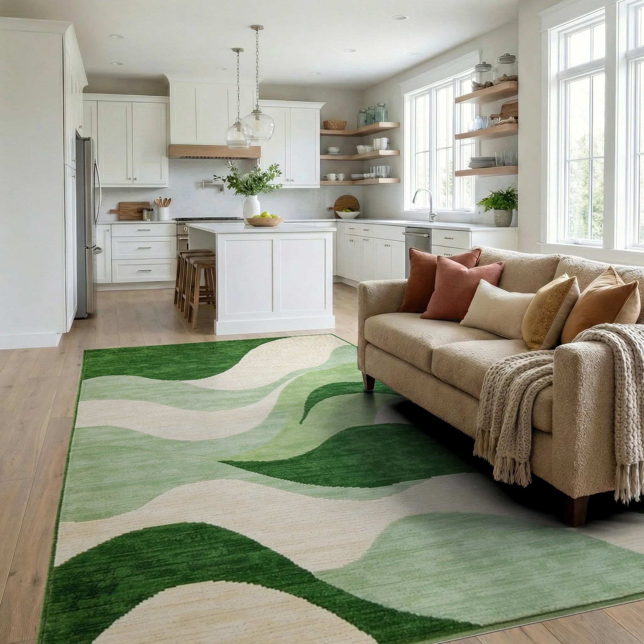 Emerald Green Abstract Wave Rug - Living Room View