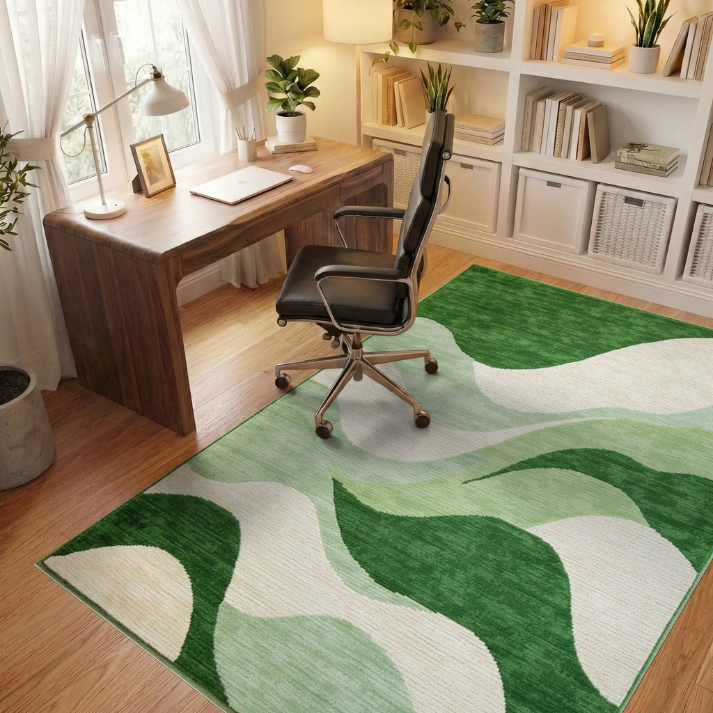 Emerald Green Abstract Wave Rug - Office View