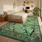 Emerald Green Bird Blossom Scene Rug - Bedroom View