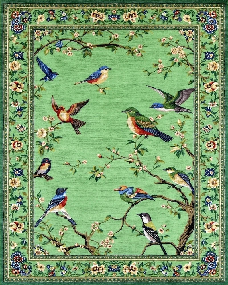 Emerald Green Bird Blossom Scene Rug - Cutout View