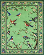 Emerald Green Bird Blossom Scene Rug - Cutout View