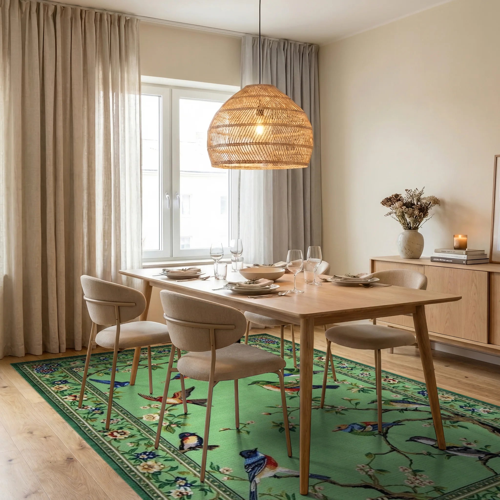 Emerald Green Bird Blossom Scene Rug - Dining Room View
