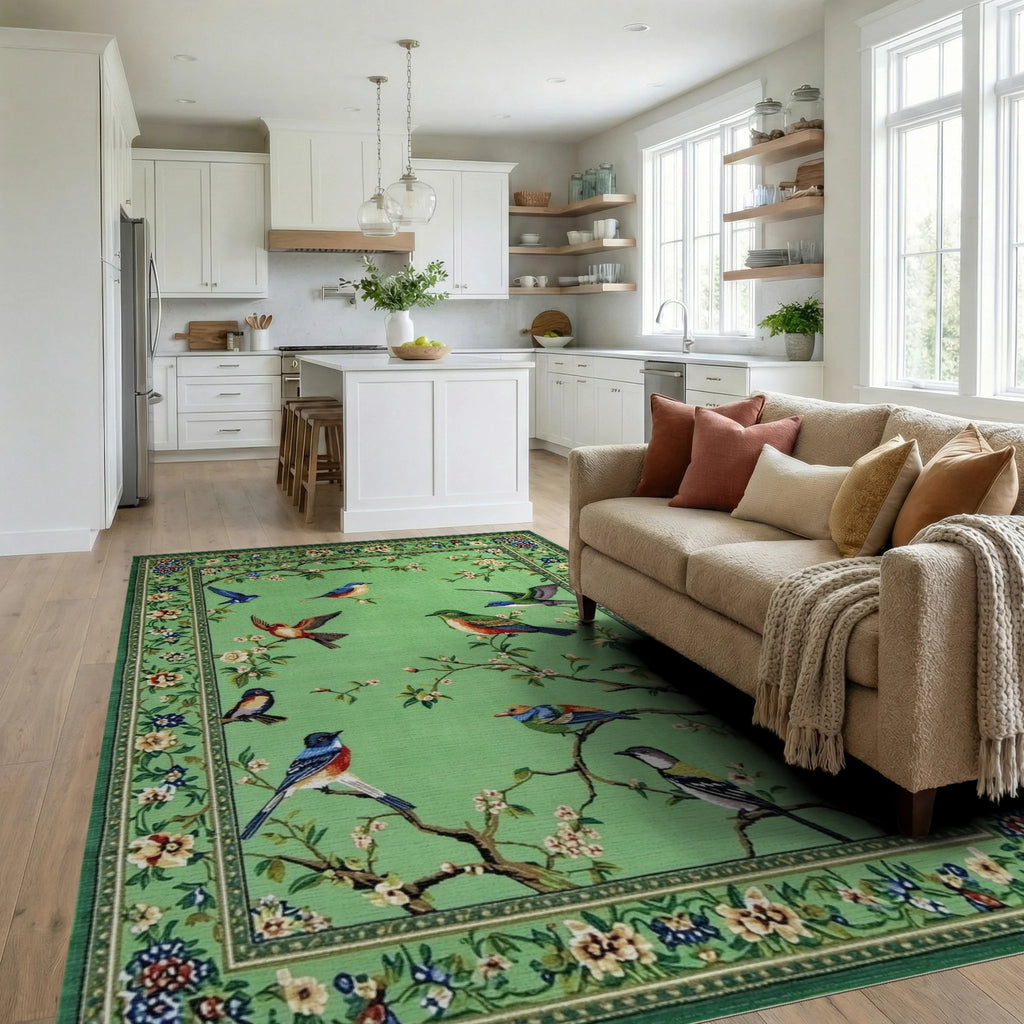 Emerald Green Bird Blossom Scene Rug - Living Room View