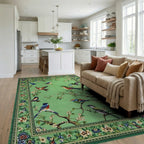 Emerald Green Bird Blossom Scene Rug - Living Room View