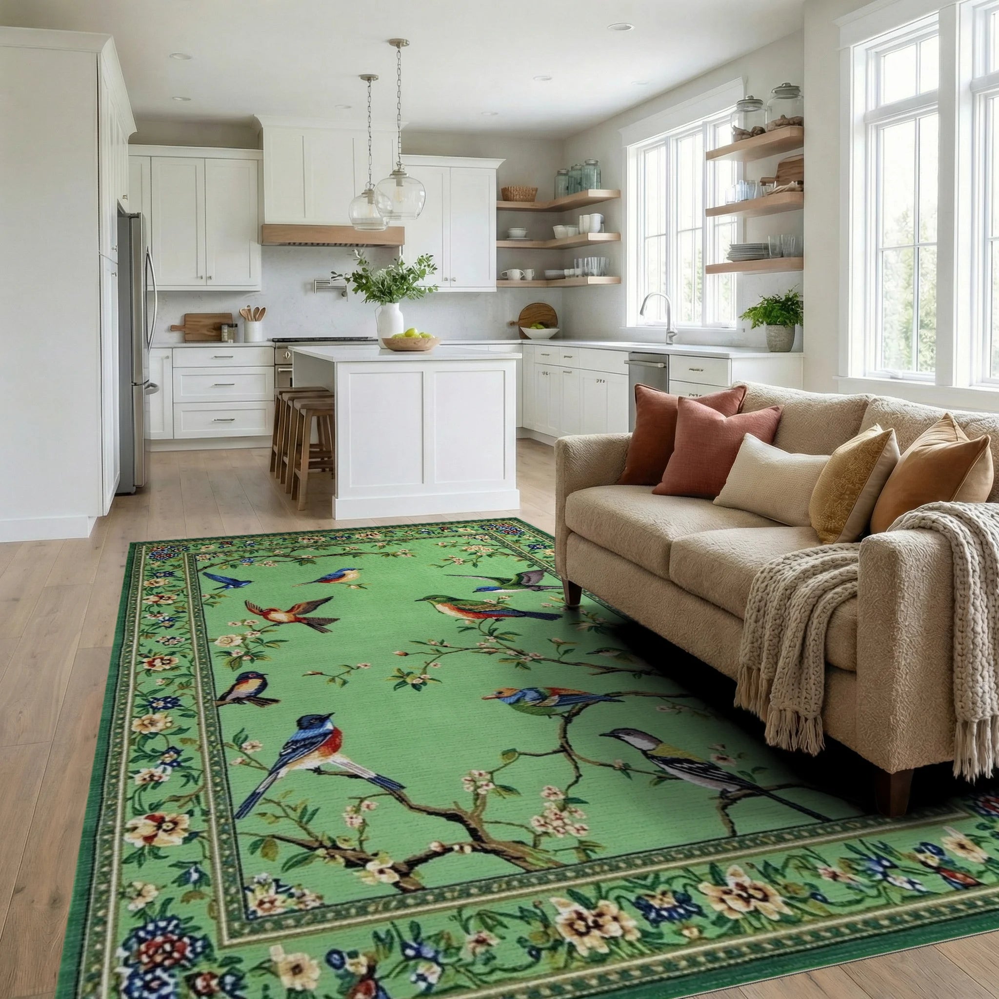 Emerald Green Bird Blossom Scene Rug - Living Room View