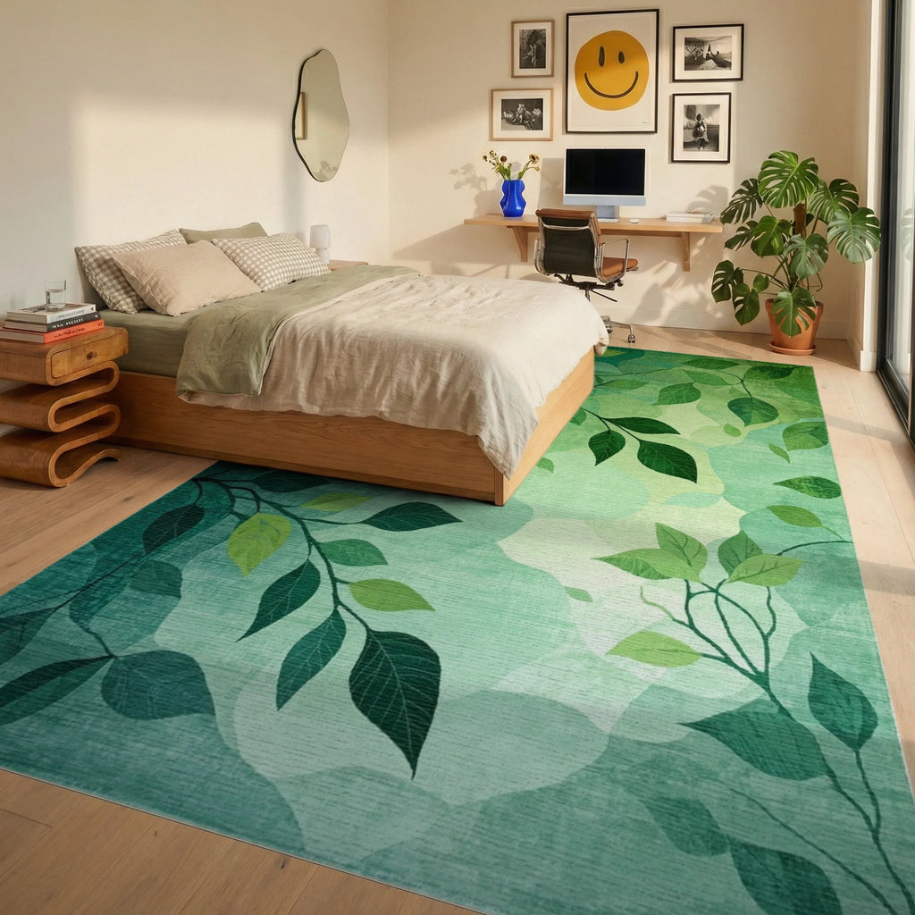 Emerald Green Branch Foliage Rug - Bedroom View