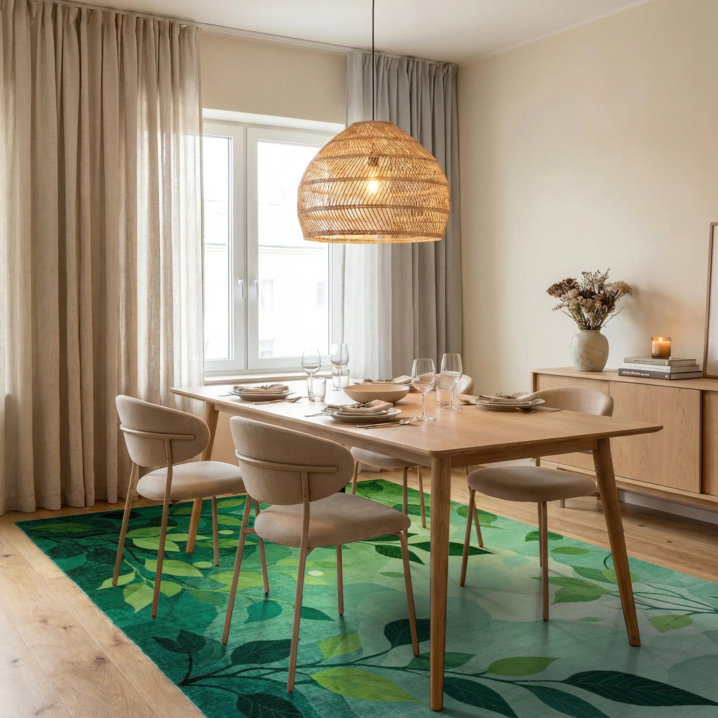 Emerald Green Branch Foliage Rug - Dining Room View