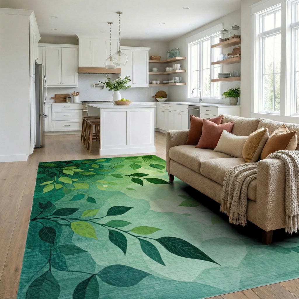 Emerald Green Branch Foliage Rug - Living Room View