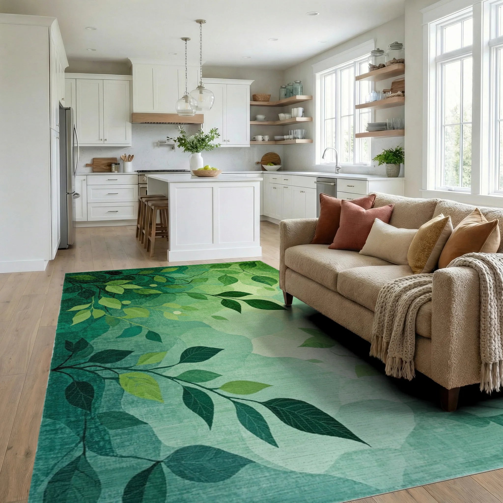 Emerald Green Branch Foliage Rug - Living Room View