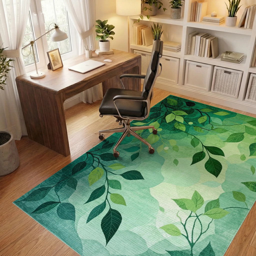 Emerald Green Branch Foliage Rug - Office View