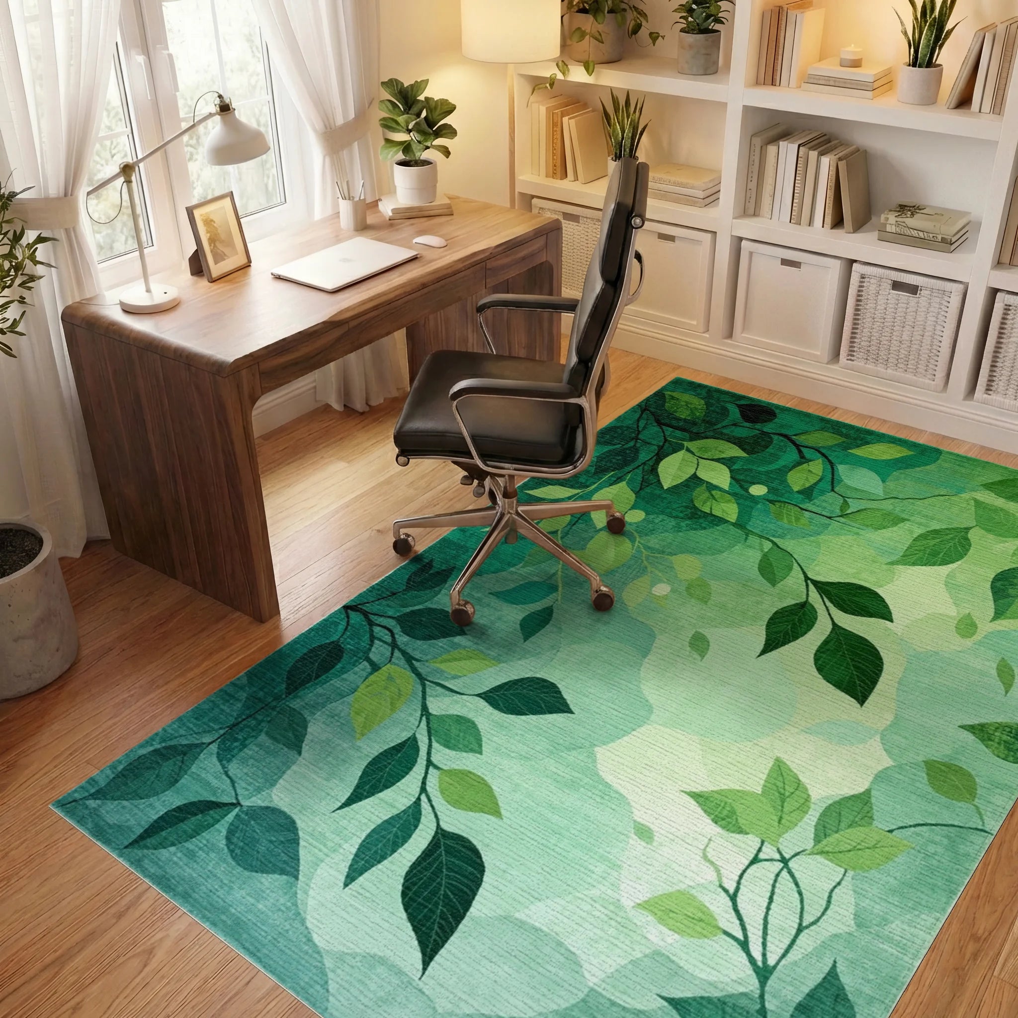 Emerald Green Branch Foliage Rug - Office View