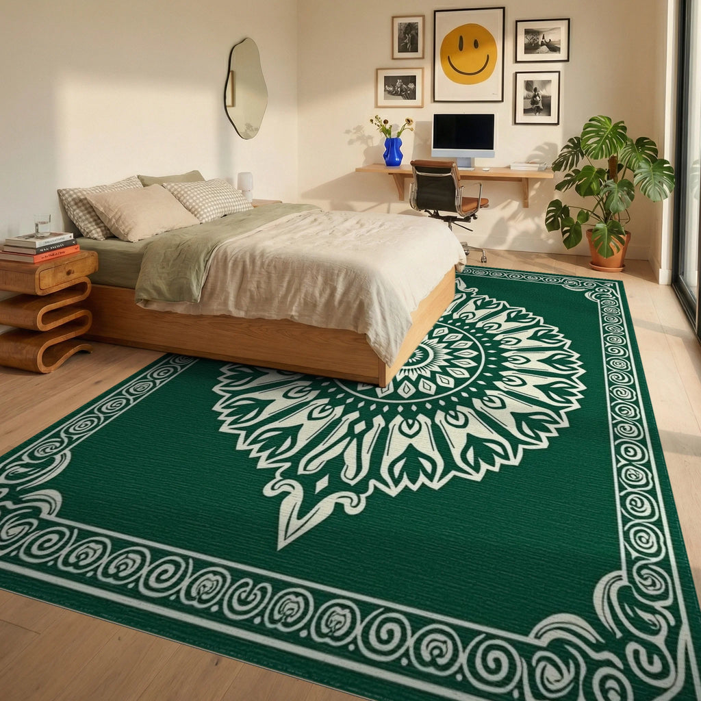 Emerald Green Cream Mandala Border Rug Bedroom View