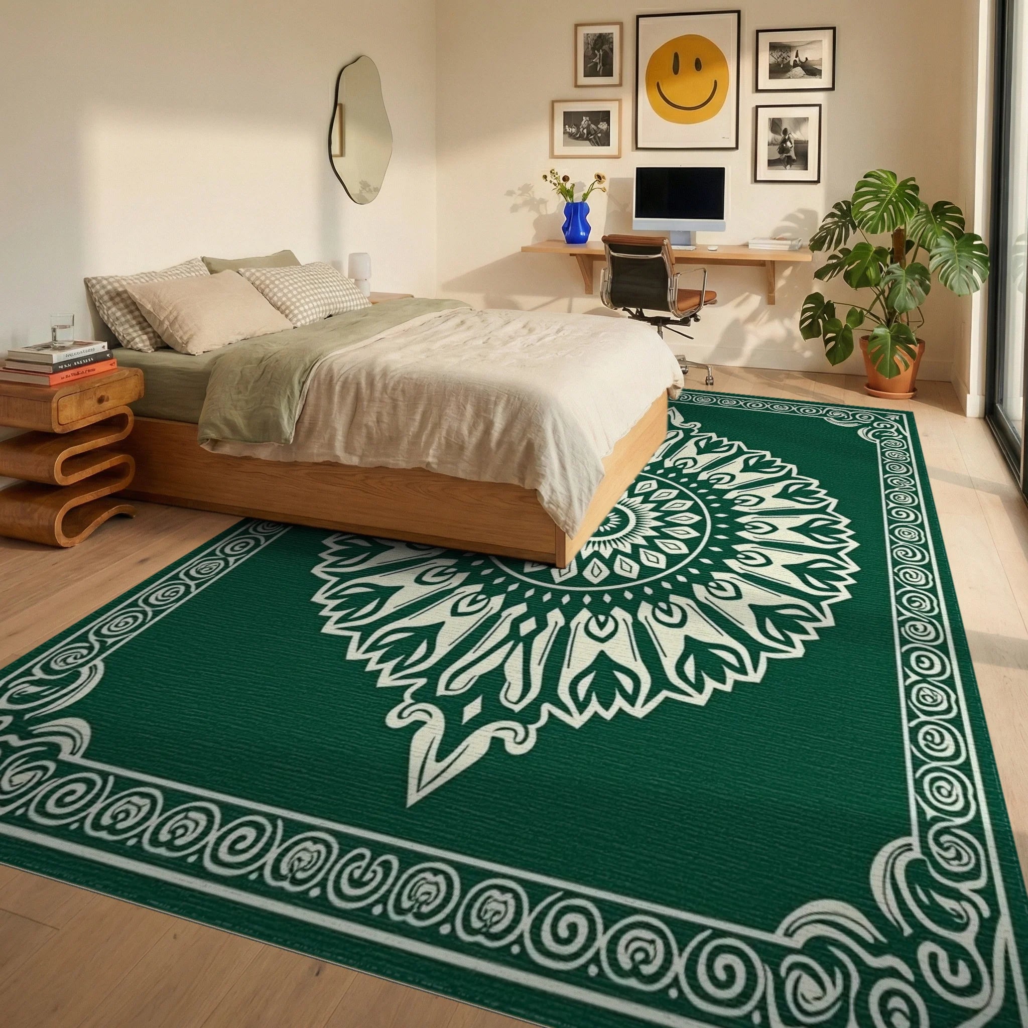 Emerald Green Cream Mandala Border Rug Bedroom View