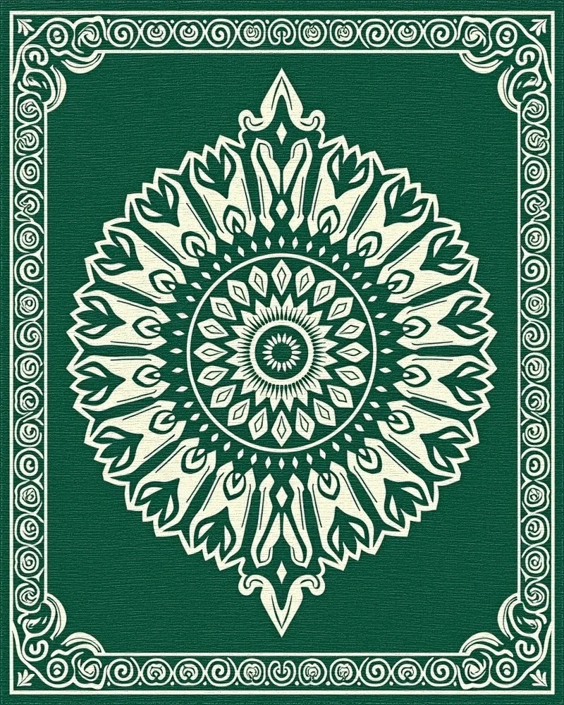 Emerald Green Cream Mandala Border Rug - Cutout View