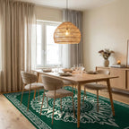 Emerald Green Cream Mandala Border Rug Dining Room View