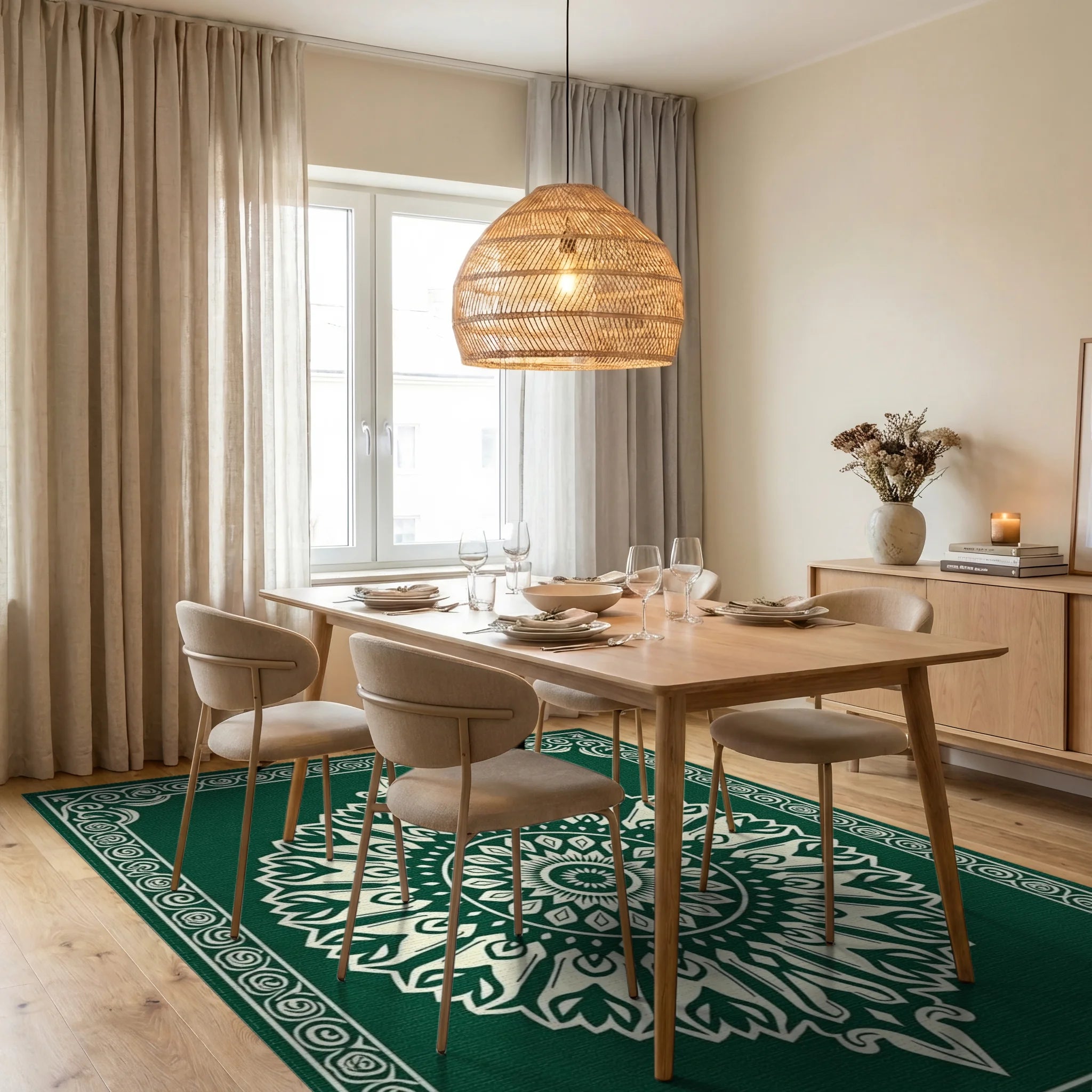 Emerald Green Cream Mandala Border Rug Dining Room View