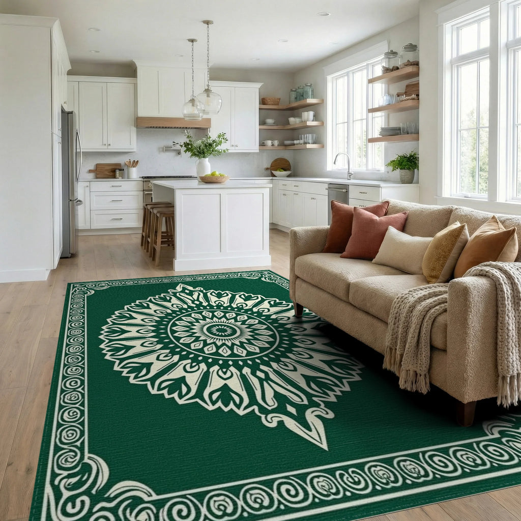 Emerald Green Cream Mandala Border Rug Living Room View