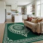 Emerald Green Cream Mandala Border Rug Living Room View