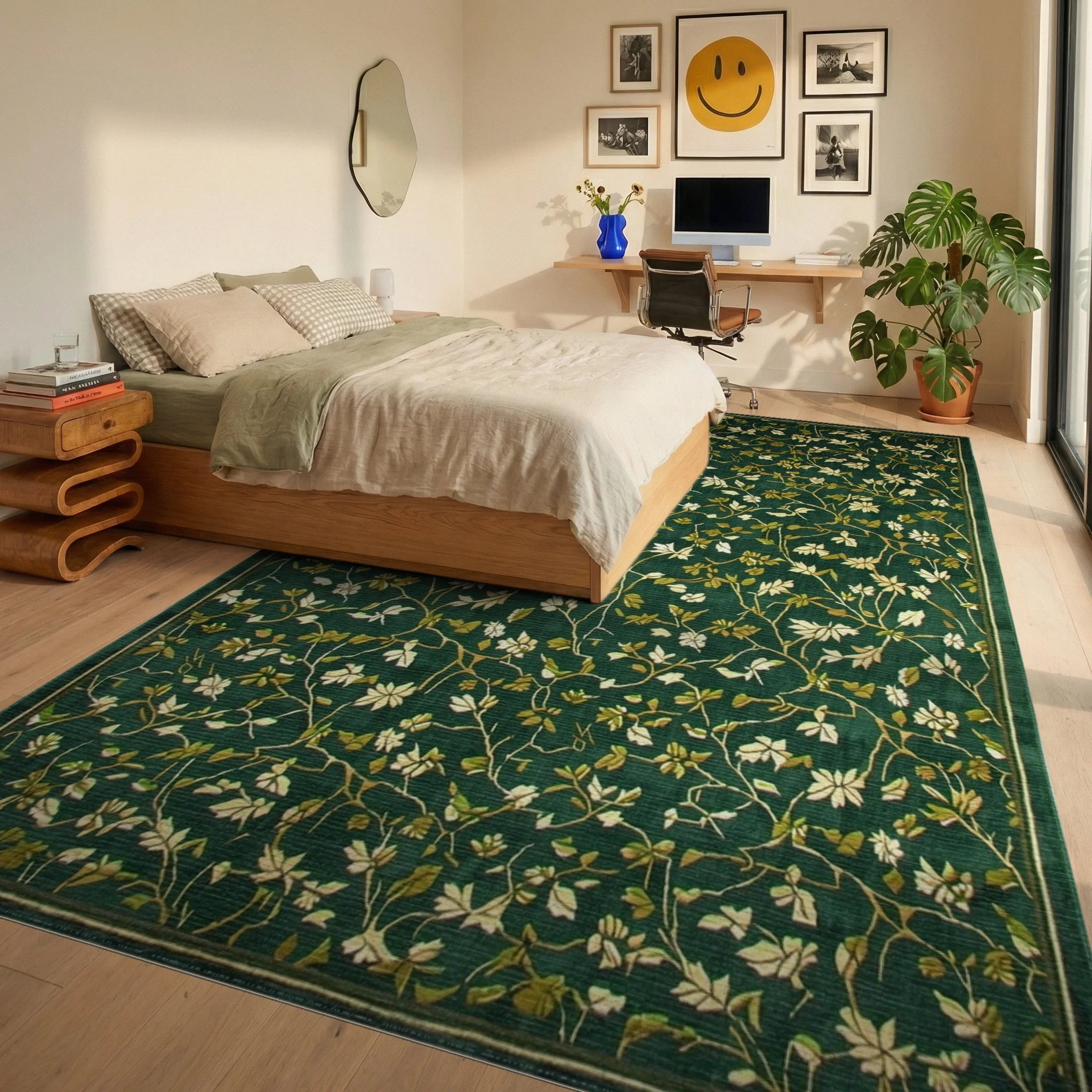 Emerald Green Floral Vine Medallion Rug - Bedroom View