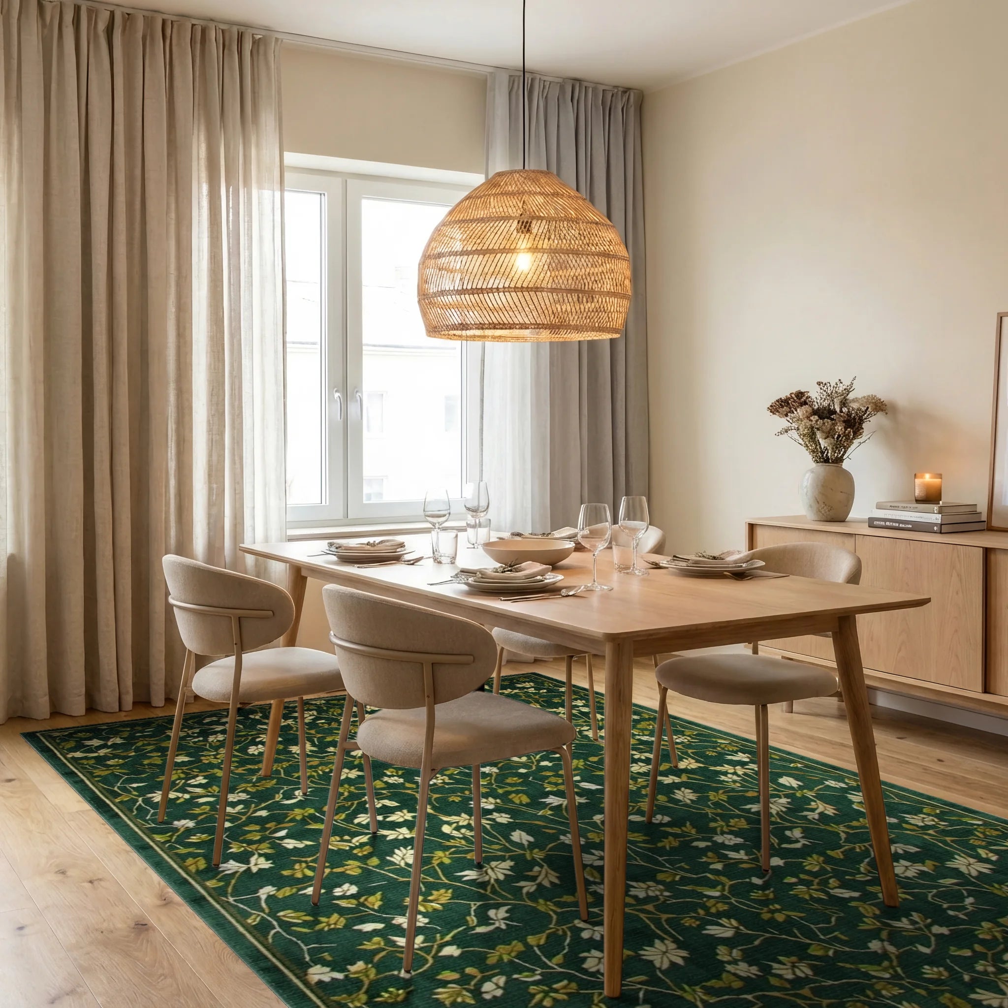 Emerald Green Floral Vine Medallion Rug - Dining Room View