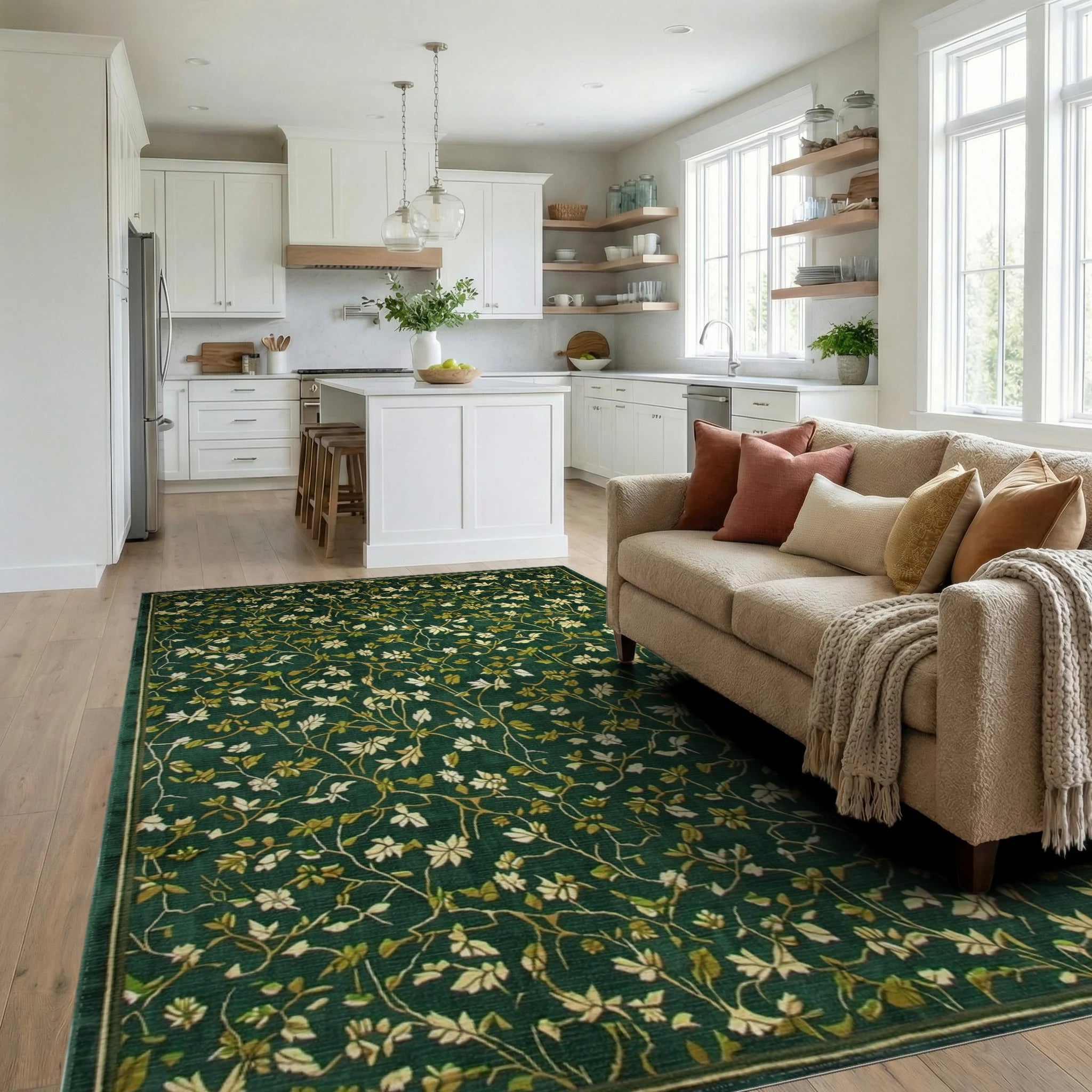 Emerald Green Floral Vine Medallion Rug - Living Room View