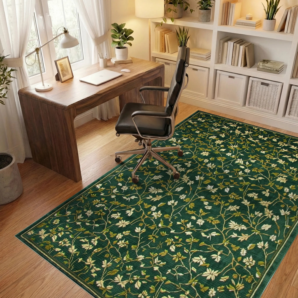 Emerald Green Floral Vine Medallion Rug - Office View