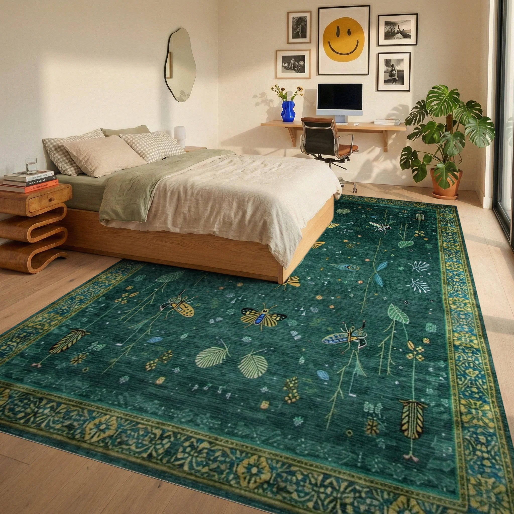 Emerald Green Gold Butterfly Leaf Rug - Bedroom View