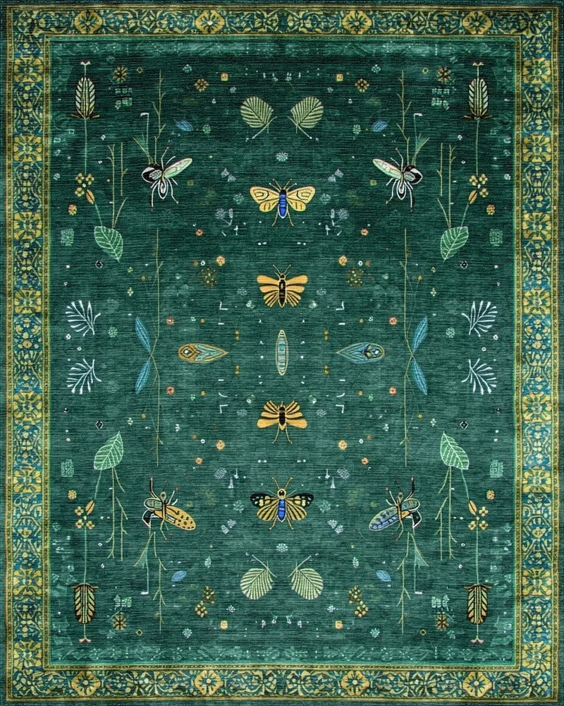 Emerald Green Gold Butterfly Leaf Rug - Cutout View