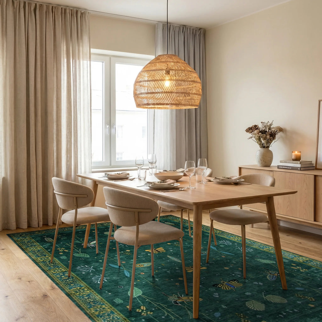 Emerald Green Gold Butterfly Leaf Rug - Dining Room View