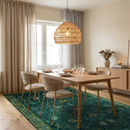 Emerald Green Gold Butterfly Leaf Rug - Dining Room View